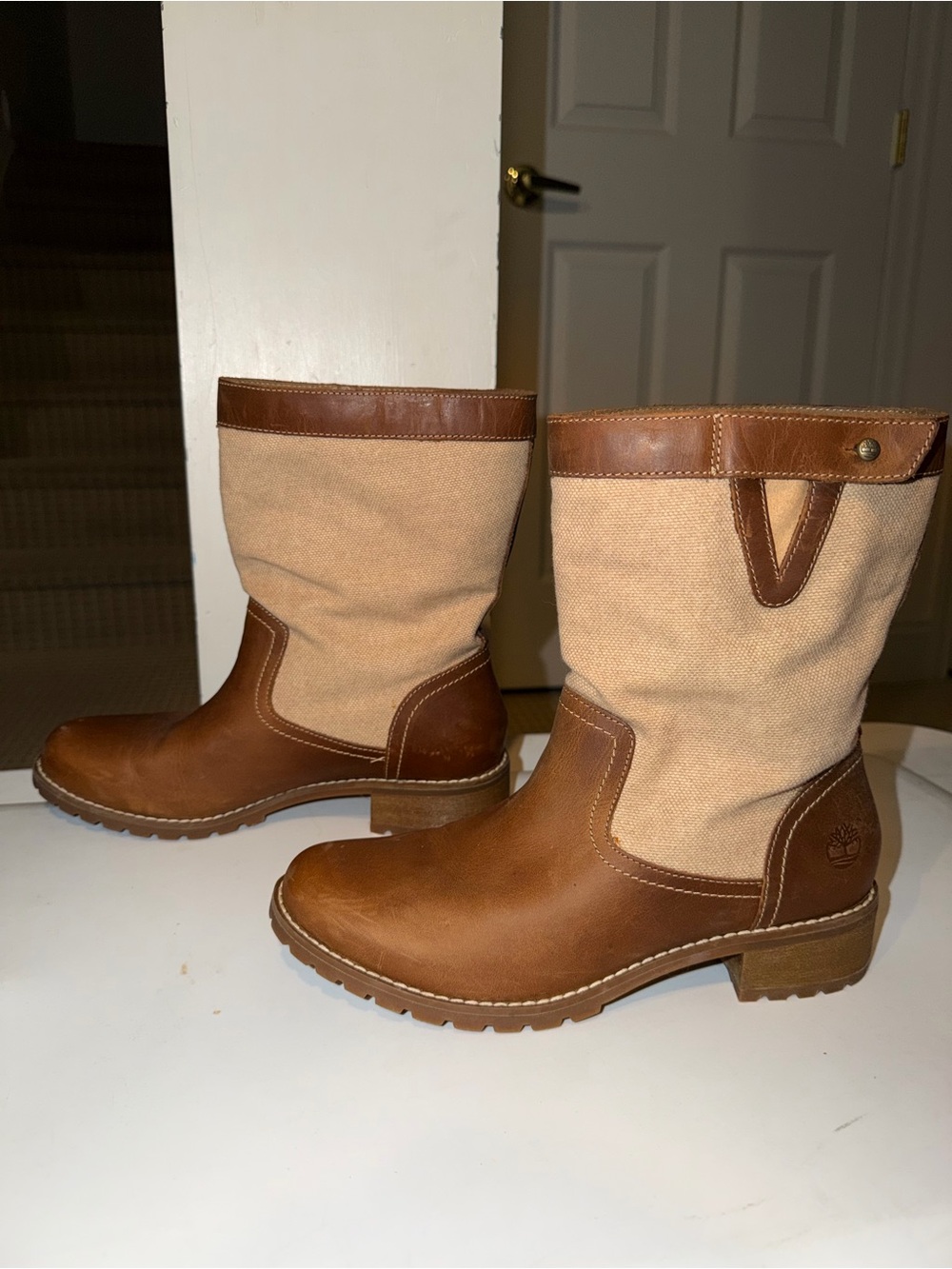 Timberland Tan Canvas and Brown Leather Lace-Up Boots